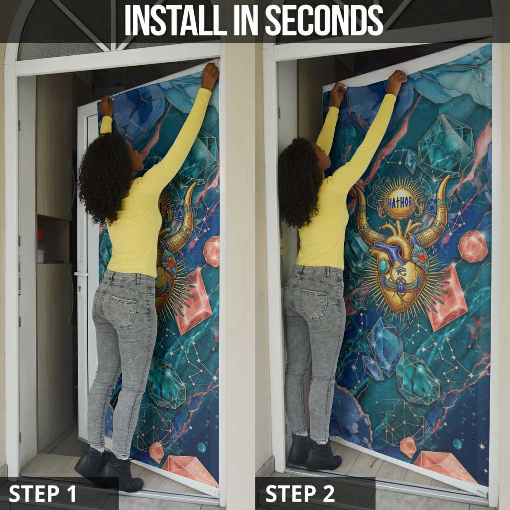 Hathor Golden Sacred Heart Egyptian Door Cover with Gemstone Pattern in Turquoise Theme
