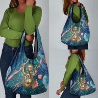 Hathor Golden Sacred Heart Egyptian Grocery Bag with Gemstone Pattern in Turquoise Theme