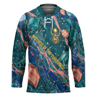 Hathor Golden Sacred Heart Egyptian Hockey Jersey with Gemstone Pattern in Turquoise Theme