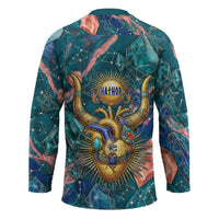 Hathor Golden Sacred Heart Egyptian Hockey Jersey with Gemstone Pattern in Turquoise Theme