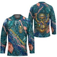 Hathor Golden Sacred Heart Egyptian Hockey Jersey with Gemstone Pattern in Turquoise Theme
