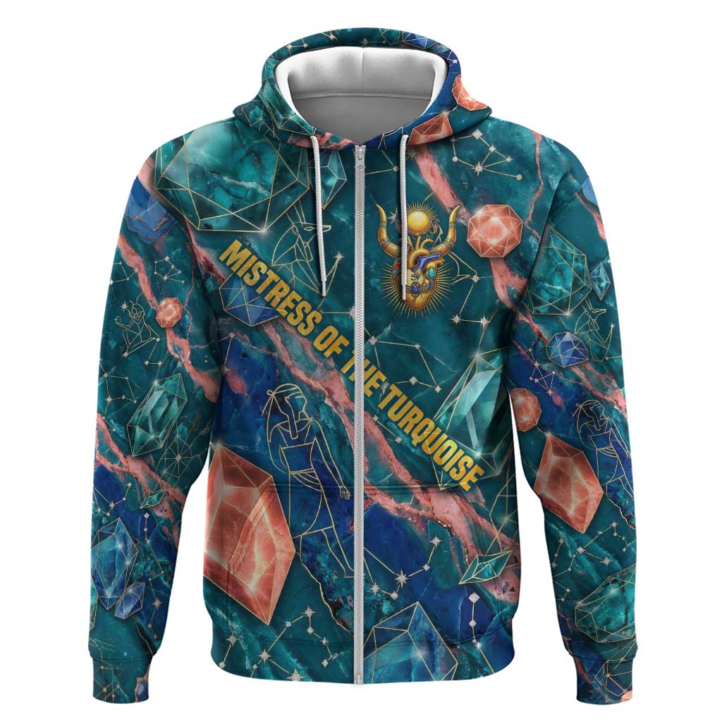 Hathor Golden Sacred Heart Egyptian Hoodie with Gemstone Pattern in Turquoise Theme