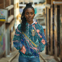 Hathor Golden Sacred Heart Egyptian Hoodie with Gemstone Pattern in Turquoise Theme