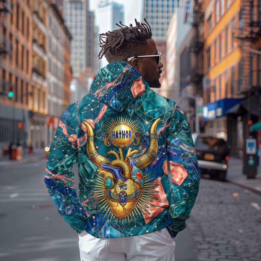 Hathor Golden Sacred Heart Egyptian Hoodie with Gemstone Pattern in Turquoise Theme