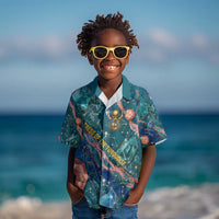 Hathor Golden Sacred Heart Egyptian Kid Hawaiian Shirt with Gemstone Pattern in Turquoise Theme