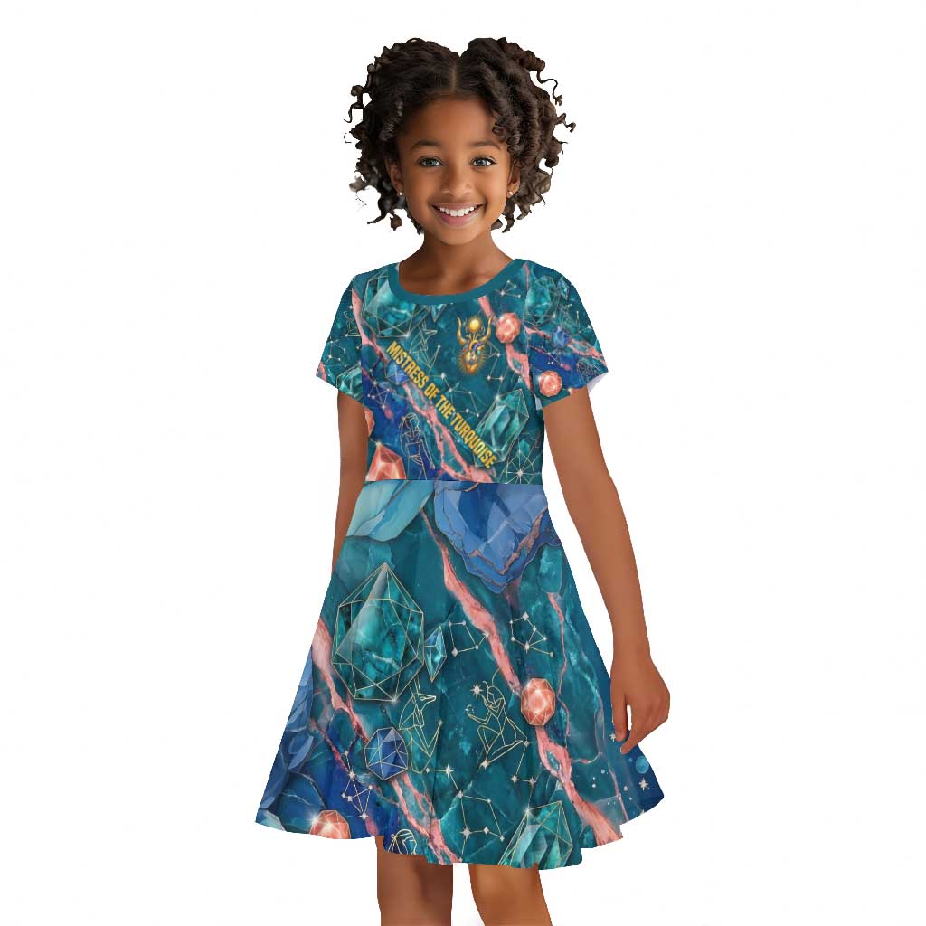Hathor Golden Sacred Heart Egyptian Kid Short Sleeve Dress with Gemstone Pattern in Turquoise Theme