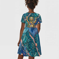 Hathor Golden Sacred Heart Egyptian Kid Short Sleeve Dress with Gemstone Pattern in Turquoise Theme