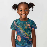 Hathor Golden Sacred Heart Egyptian Kid T shirt with Gemstone Pattern in Turquoise Theme