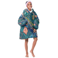 Hathor Golden Sacred Heart Egyptian Kid Wearable Blanket Hoodie with Gemstone Pattern in Turquoise Theme