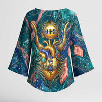 Hathor Golden Sacred Heart Egyptian Kimono Sleeve Blouse with Gemstone Pattern in Turquoise Theme