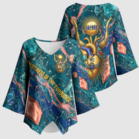 Hathor Golden Sacred Heart Egyptian Kimono Sleeve Blouse with Gemstone Pattern in Turquoise Theme