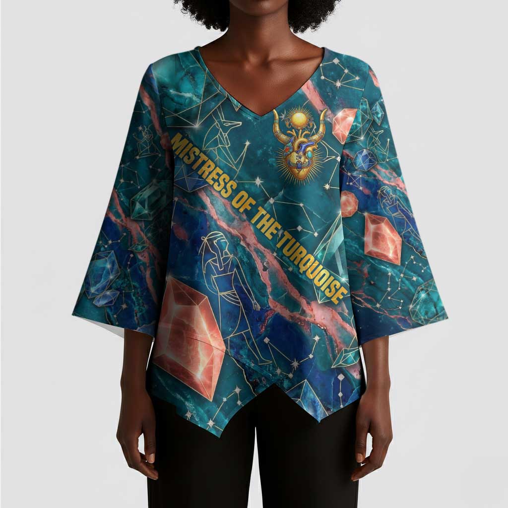 Hathor Golden Sacred Heart Egyptian Kimono Sleeve Blouse with Gemstone Pattern in Turquoise Theme