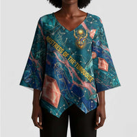 Hathor Golden Sacred Heart Egyptian Kimono Sleeve Blouse with Gemstone Pattern in Turquoise Theme