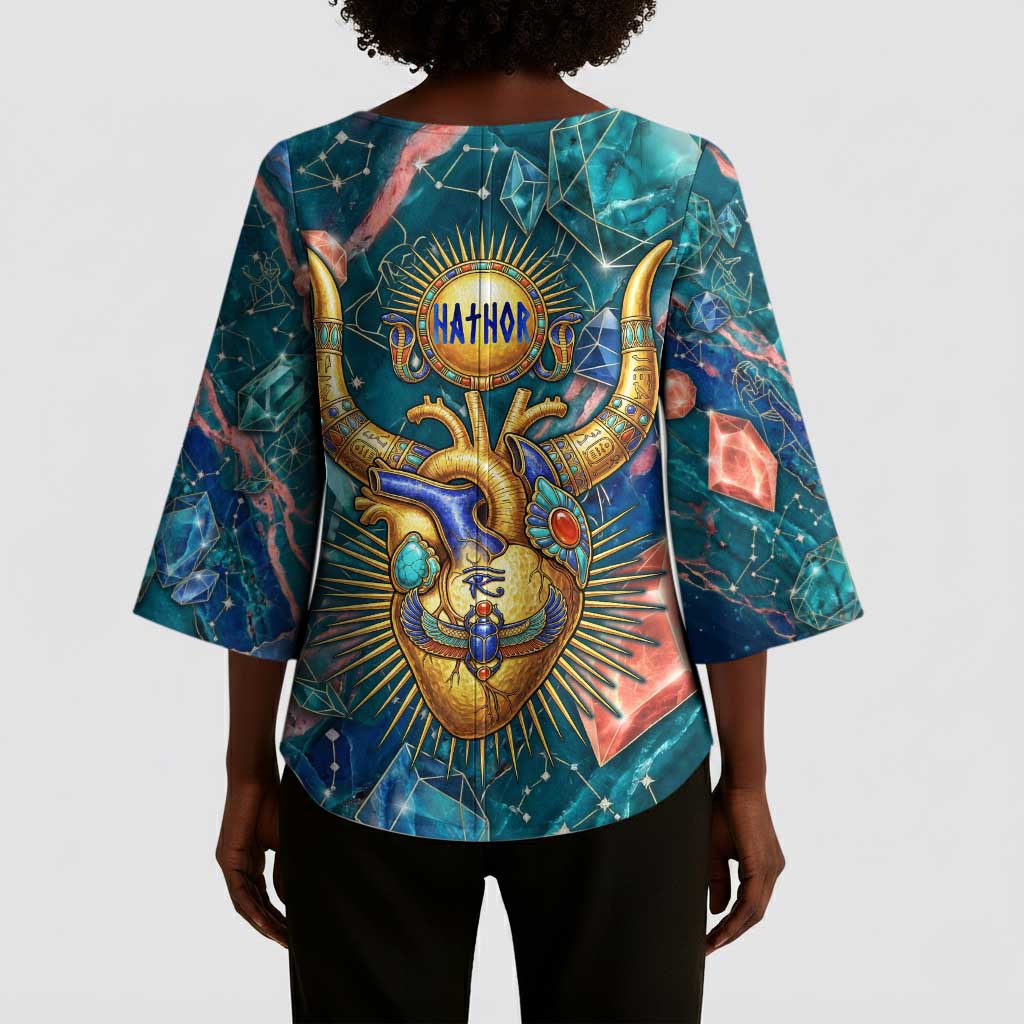 Hathor Golden Sacred Heart Egyptian Kimono Sleeve Blouse with Gemstone Pattern in Turquoise Theme