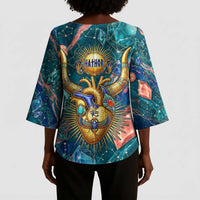 Hathor Golden Sacred Heart Egyptian Kimono Sleeve Blouse with Gemstone Pattern in Turquoise Theme