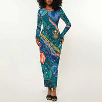 Hathor Golden Sacred Heart Egyptian Long Sleeve Bodycon Dress with Gemstone Pattern in Turquoise Theme