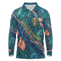 Hathor Golden Sacred Heart Egyptian Long Sleeve Polo Shirt with Gemstone Pattern in Turquoise Theme