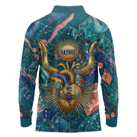 Hathor Golden Sacred Heart Egyptian Long Sleeve Polo Shirt with Gemstone Pattern in Turquoise Theme