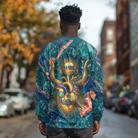 Hathor Golden Sacred Heart Egyptian Long Sleeve Shirt with Gemstone Pattern in Turquoise Theme