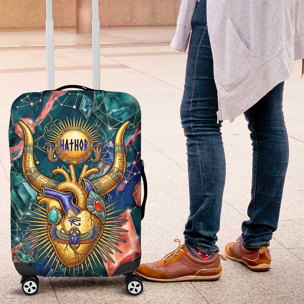 Hathor Golden Sacred Heart Egyptian Luggage Cover with Gemstone Pattern in Turquoise Theme