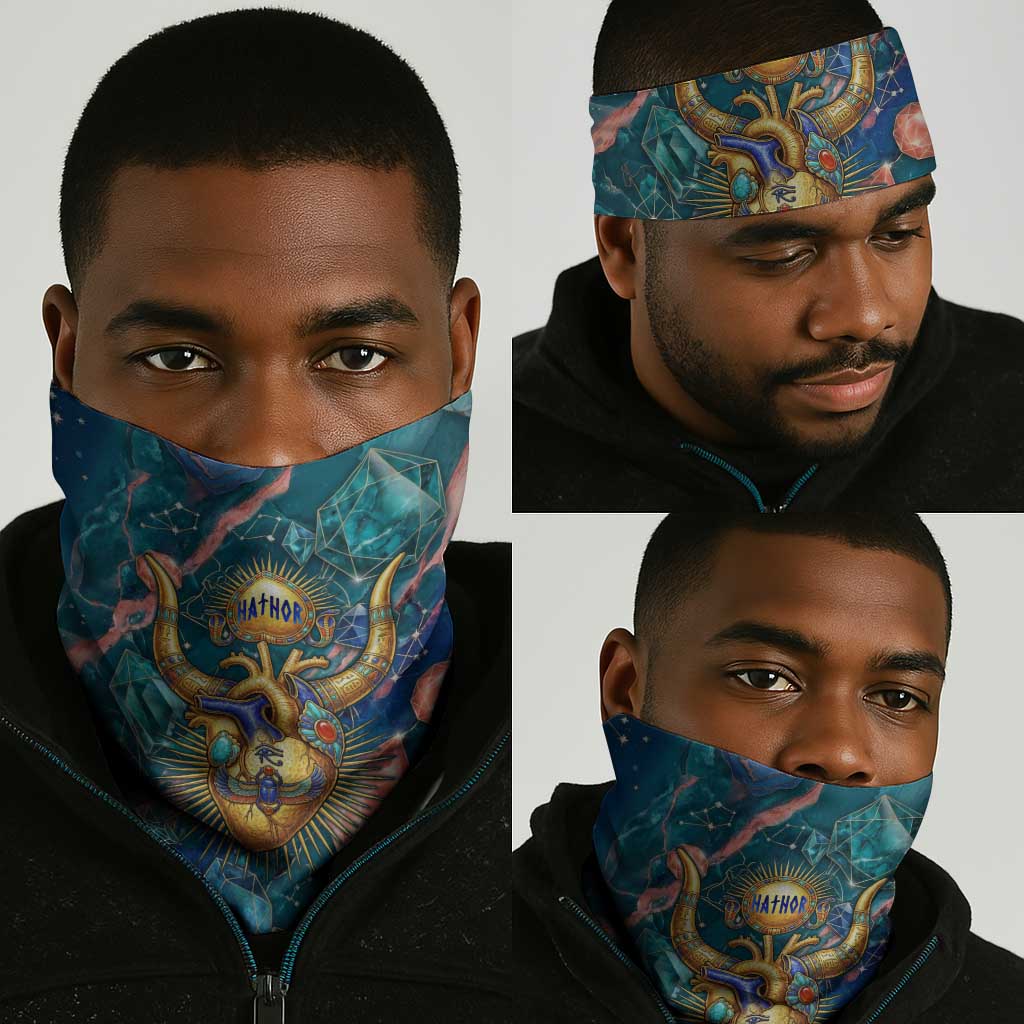 Hathor Golden Sacred Heart Egyptian Neck Gaiter with Gemstone Pattern in Turquoise Theme