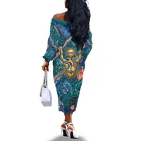 Hathor Golden Sacred Heart Egyptian Off The Shoulder Long Sleeve Dress with Gemstone Pattern in Turquoise Theme