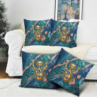 Hathor Golden Sacred Heart Egyptian Pillow Cover with Gemstone Pattern in Turquoise Theme