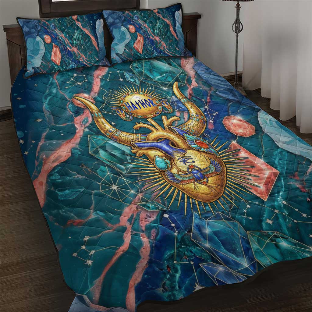 Hathor Golden Sacred Heart Egyptian Quilt Bed Set with Gemstone Pattern in Turquoise Theme