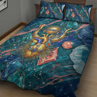 Hathor Golden Sacred Heart Egyptian Quilt Bed Set with Gemstone Pattern in Turquoise Theme