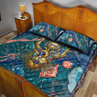 Hathor Golden Sacred Heart Egyptian Quilt Bed Set with Gemstone Pattern in Turquoise Theme