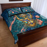 Hathor Golden Sacred Heart Egyptian Quilt Bed Set with Gemstone Pattern in Turquoise Theme