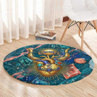 Hathor Golden Sacred Heart Egyptian Round Carpet with Gemstone Pattern in Turquoise Theme