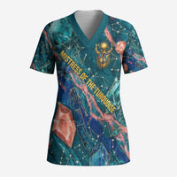 Hathor Golden Sacred Heart Egyptian Scrub Top with Gemstone Pattern in Turquoise Theme