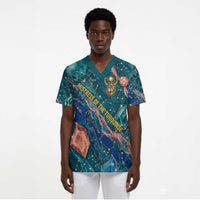 Hathor Golden Sacred Heart Egyptian Scrub Top with Gemstone Pattern in Turquoise Theme