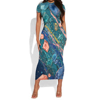 Hathor Golden Sacred Heart Egyptian Short Sleeve Bodycon Dress with Gemstone Pattern in Turquoise Theme