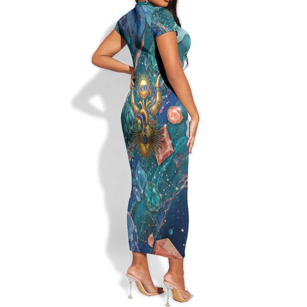 Hathor Golden Sacred Heart Egyptian Short Sleeve Bodycon Dress with Gemstone Pattern in Turquoise Theme