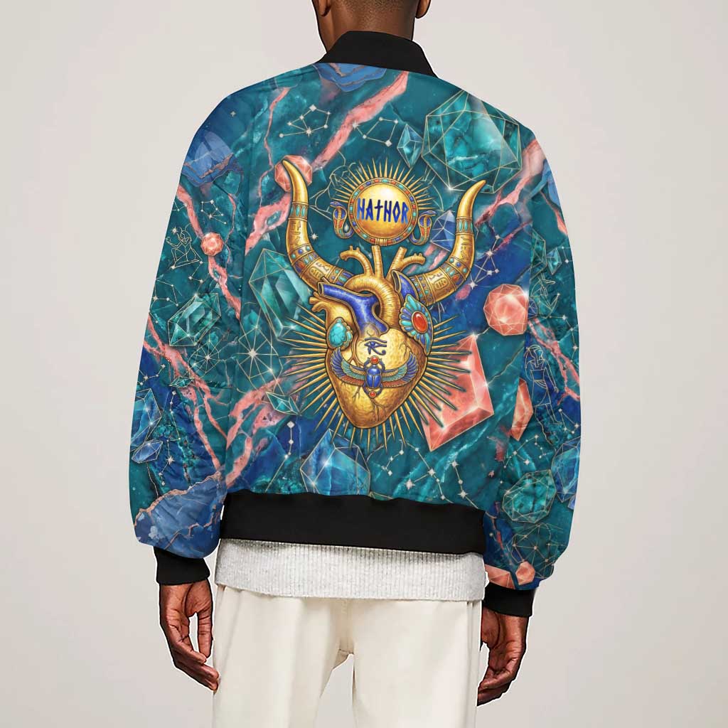 Hathor Golden Sacred Heart Egyptian Sleeve Zip Bomber Jacket with Gemstone Pattern in Turquoise Theme