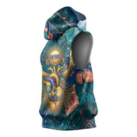 Hathor Golden Sacred Heart Egyptian Sleeveless Hoodie with Gemstone Pattern in Turquoise Theme