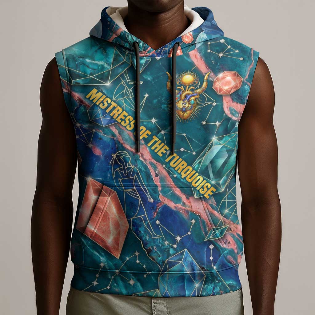 Hathor Golden Sacred Heart Egyptian Sleeveless Hoodie with Gemstone Pattern in Turquoise Theme