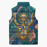 Hathor Golden Sacred Heart Egyptian Sleeveless Puffer Jacket with Gemstone Pattern in Turquoise Theme