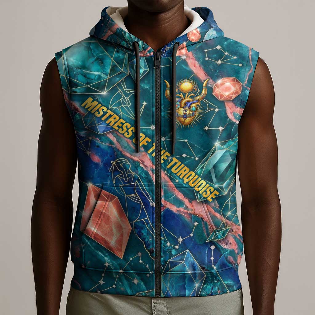 Hathor Golden Sacred Heart Egyptian Sleeveless Zip Hoodie with Gemstone Pattern in Turquoise Theme