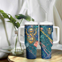 Hathor Golden Sacred Heart Egyptian Tumbler With Handle with Gemstone Pattern in Turquoise Theme