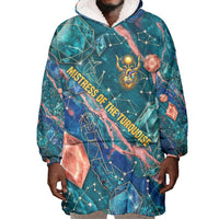 Hathor Golden Sacred Heart Egyptian Wearable Blanket Hoodie with Gemstone Pattern in Turquoise Theme