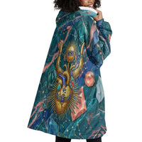 Hathor Golden Sacred Heart Egyptian Wearable Blanket Hoodie with Gemstone Pattern in Turquoise Theme