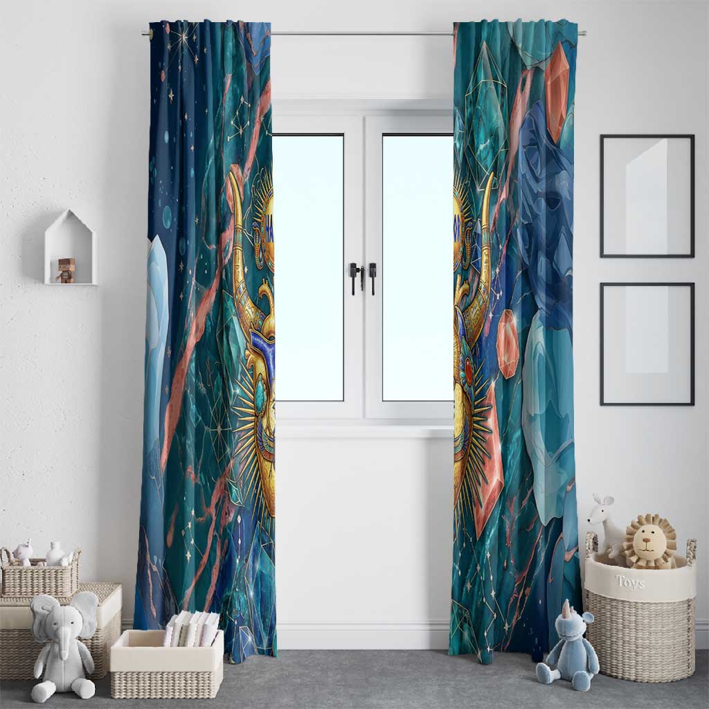 Hathor Golden Sacred Heart Egyptian Window Curtain with Gemstone Pattern in Turquoise Theme