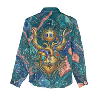 Hathor Golden Sacred Heart Egyptian Women Casual Shirt with Gemstone Pattern in Turquoise Theme