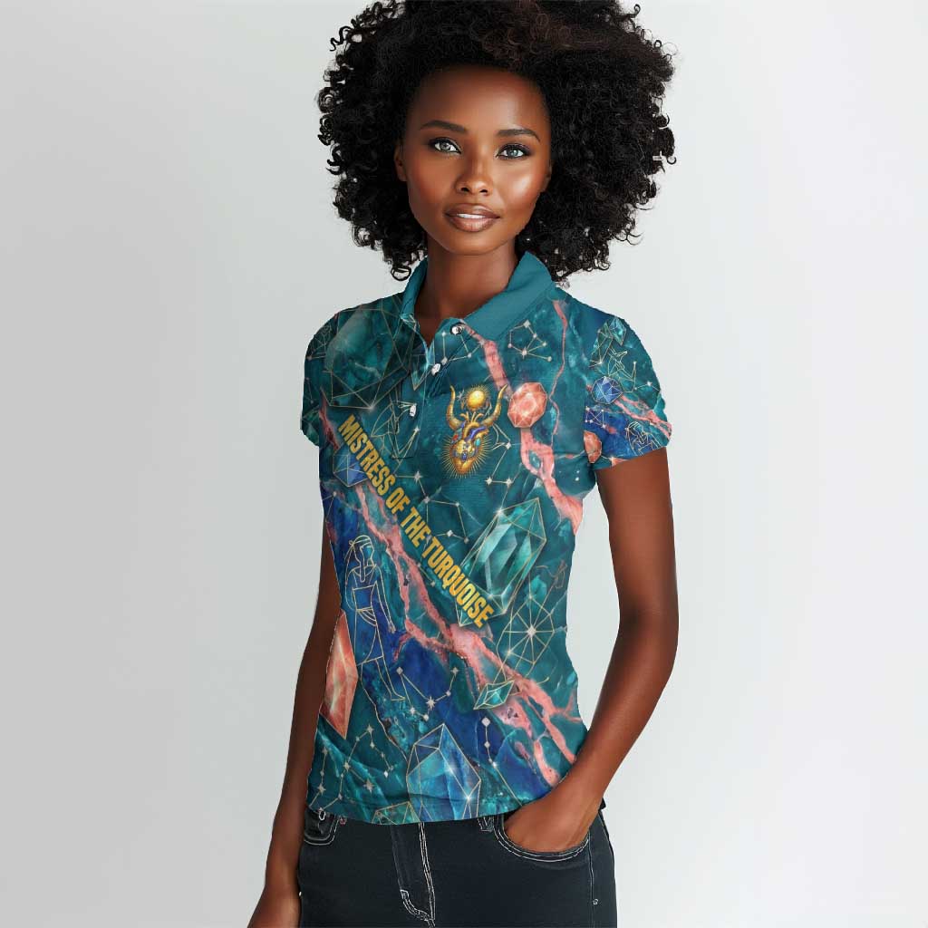 Hathor Golden Sacred Heart Egyptian Women Polo Shirt with Gemstone Pattern in Turquoise Theme