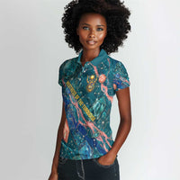 Hathor Golden Sacred Heart Egyptian Women Polo Shirt with Gemstone Pattern in Turquoise Theme