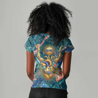 Hathor Golden Sacred Heart Egyptian Women V-Neck T-Shirt with Gemstone Pattern in Turquoise Theme