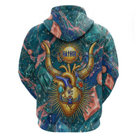 Hathor Golden Sacred Heart Egyptian Zip Hoodie with Gemstone Pattern in Turquoise Theme